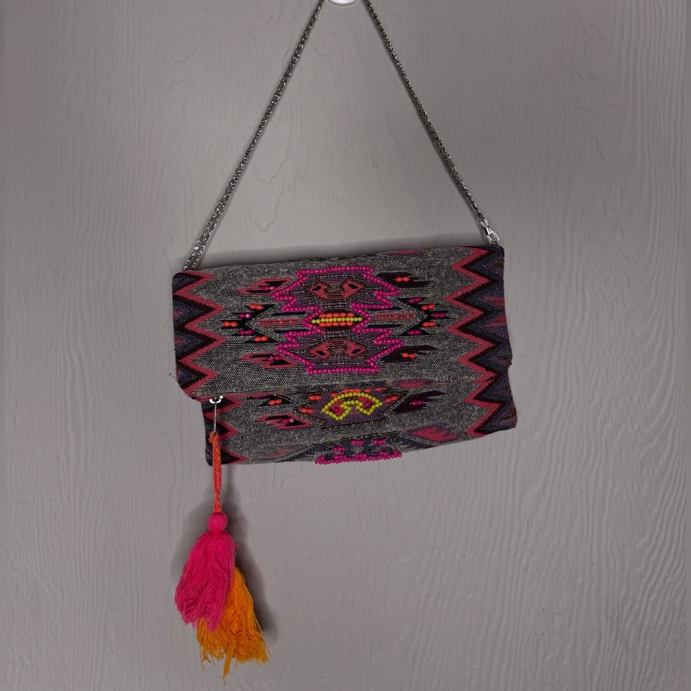 Beaded gray neon pink and orange patterned fold over clutch bag tasseled
